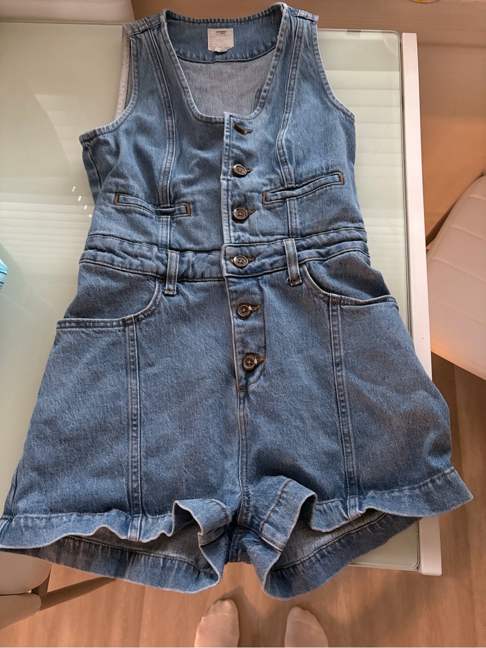 Denim Button Front Jean Romper in Light Blue! Country Concert Go to!